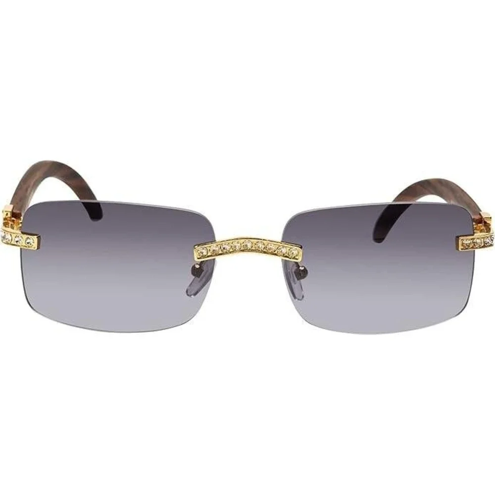 Rimless‎ Sunglasses Rectangle Black Lens Frame Rhinestone Accents Men Lentes New